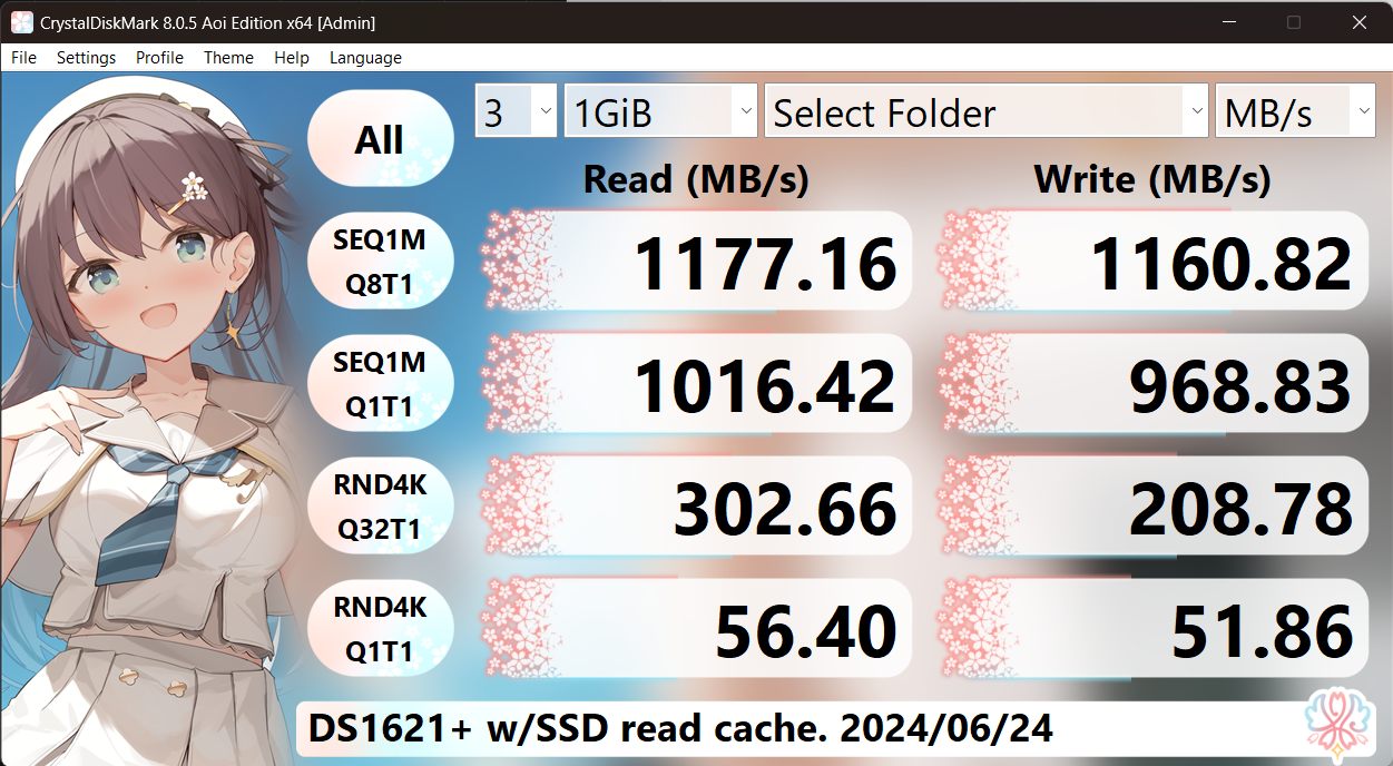 CrystalDiskMark実行結果のスクリーンショット。シーケンシャル読み書きが1100MB/sを超えているのと、最も細かいランダム4Kでも50MB/s以上の読み書き速度が出ている