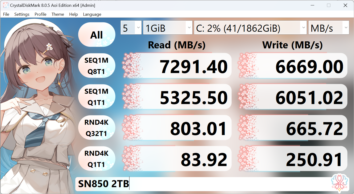 CrystalDiskMark実行結果のスクリーンショット。シーケンシャル読み書きが7000MB/sあり、非常に高速