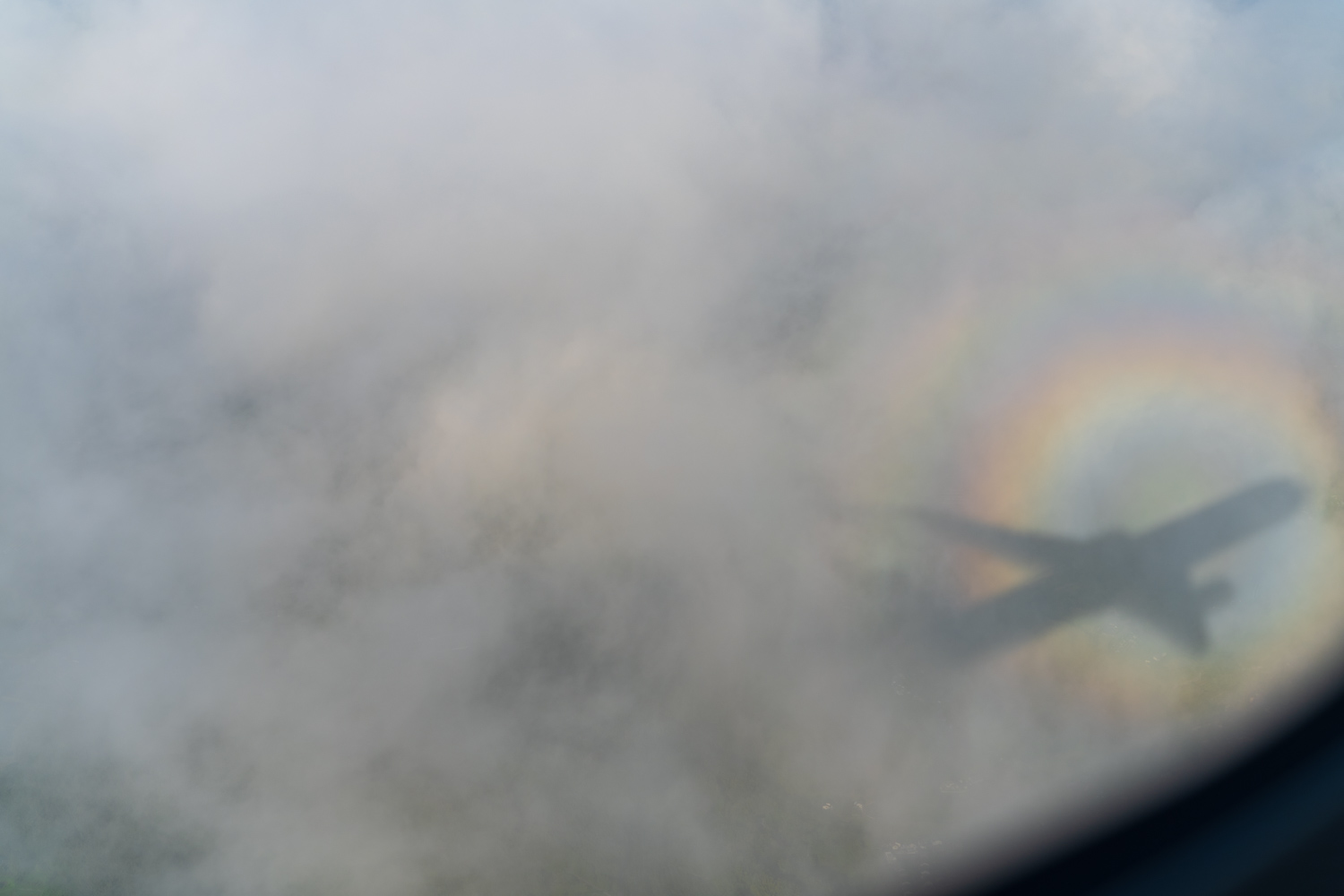 雲に丸い虹がうつっており、そこに飛行機の影もおちている
